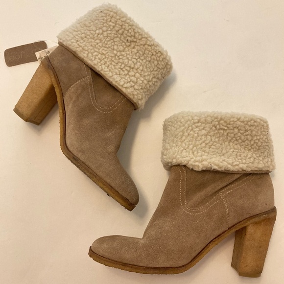 Joe Fresh Leather Suede Bootie Brown Foldable Sherpa Chunky Block Heel Boots - 9 - Picture 4 of 13